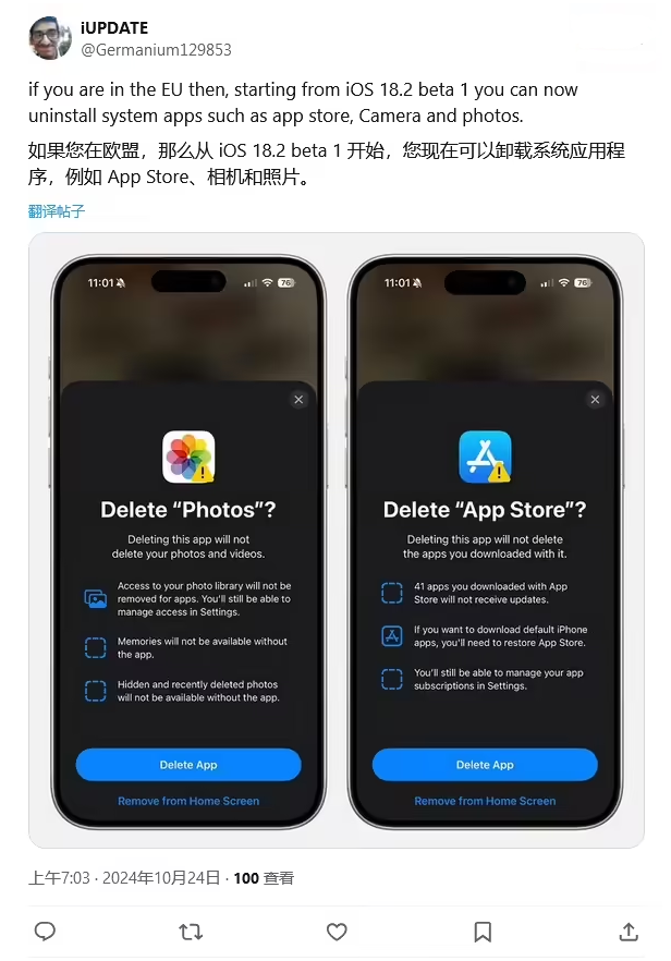 永仁苹果手机维修分享iOS 18.2 支持删除 App Store 应用商店 