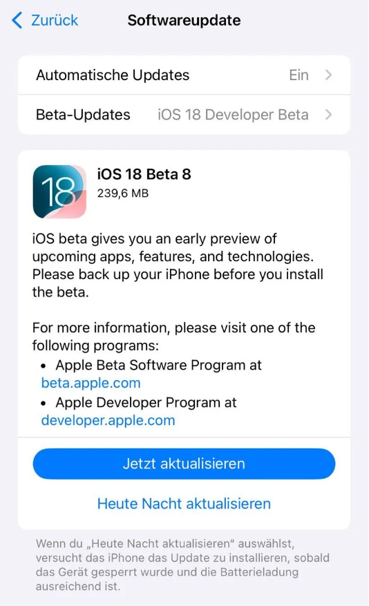 永仁苹果手机维修分享苹果 iOS / iPadOS 18 开发者预览版 Beta 8 发布 